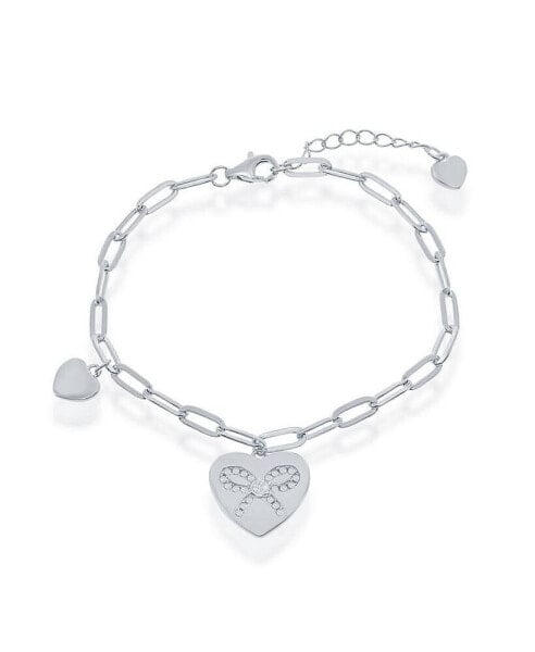 Sterling Silver or Gold Plated Over Sterling Silver Heart with CZ Ribbon Paperclip Bracelet