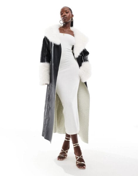 Simmi contrast faux fur trim faux shearling maxi coat in black and white