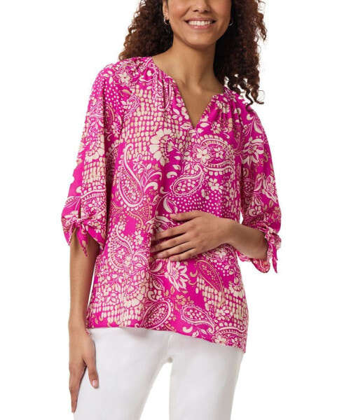 Petite Printed V-Neck Tie-Sleeve Top