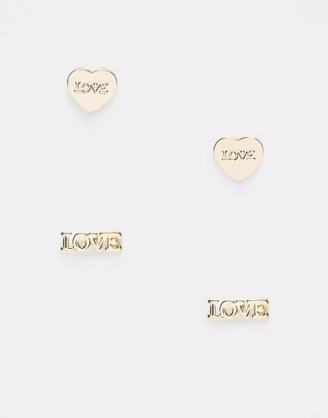 Pieces 18k gold plated gift boxed 2 pack ""LOVE"" earrings in gold