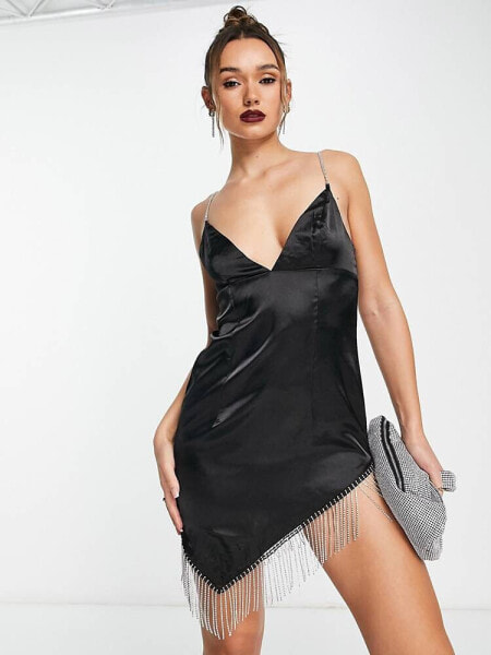 NA-KD mini dress with diamante fringe in black