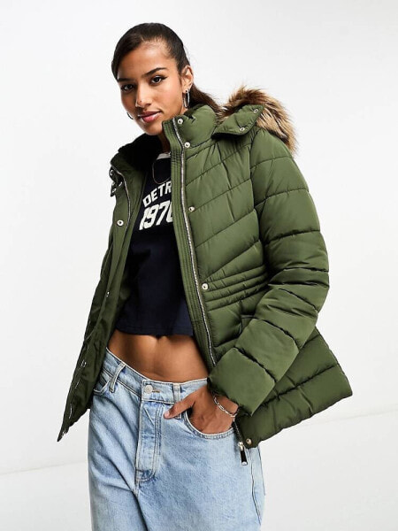 New Look puffer jacket with faux fur hood in khaki