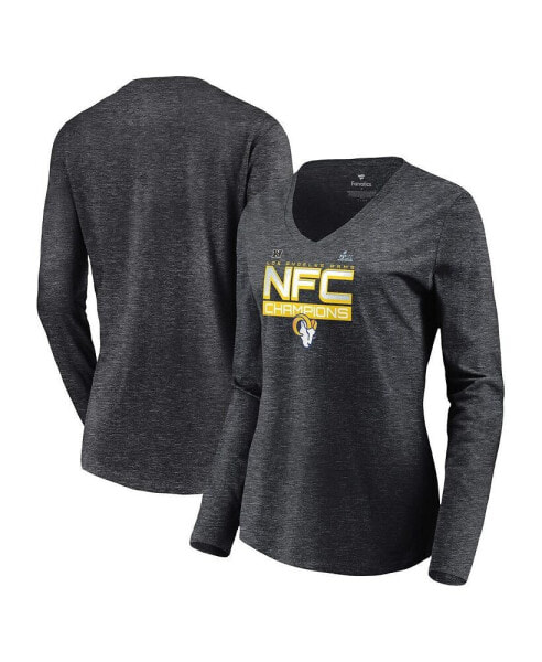 Women's Charcoal Los Angeles Rams 2021 NFC Champions Iconic Slant V-Neck Long Sleeve T-shirt