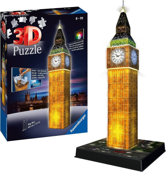 Ravensburger 3D Big Ben At Night Jigsaw Puzzle, 12588 / 3D Jigsaw Puzzle in Beautiful Night Design, with LED Lighting / Suitable for aged 10 and over, 216 Pieces