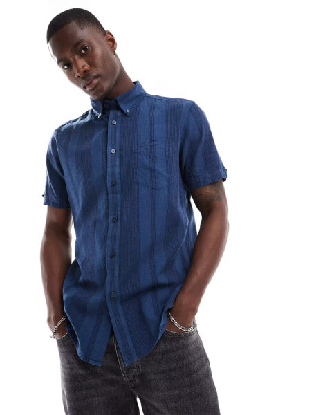 Ben Sherman short sleeve linen mixed stripe shirt in dark blue