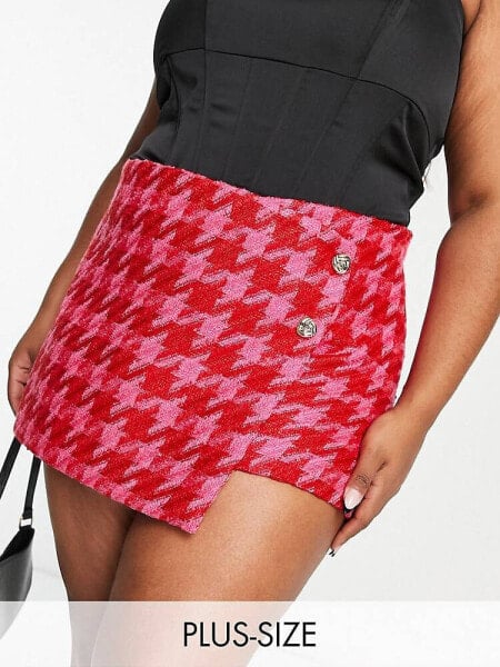 River Island Plus co-ord dogtooth boucle skort in bright pink