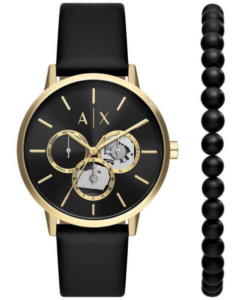 Men's Multifunction Black Leather Strap Watch, 42mm and Black Onyx Beaded Bracelet Set