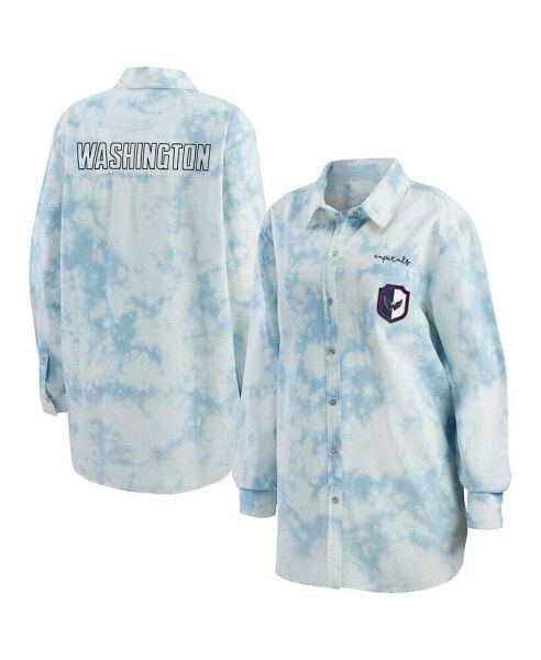 Women's White Washington Capitals Oversized Tie-Dye Button-Up Denim Shirt