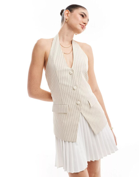 Extro & Vert 2 in 1 waistcoat tailored pleat mini dress in cream pinstripe