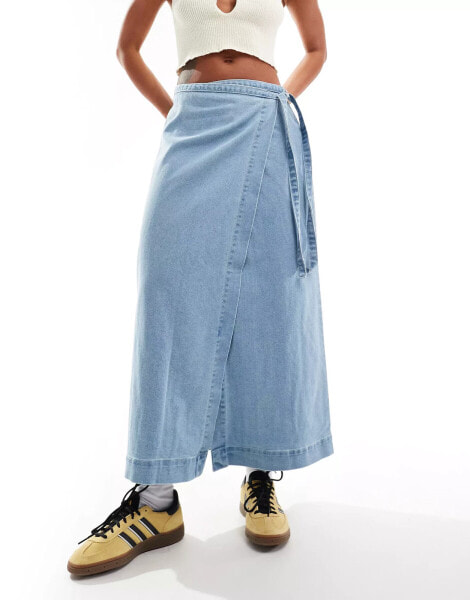 Vero Moda denim maxi wrap skirt in light blue