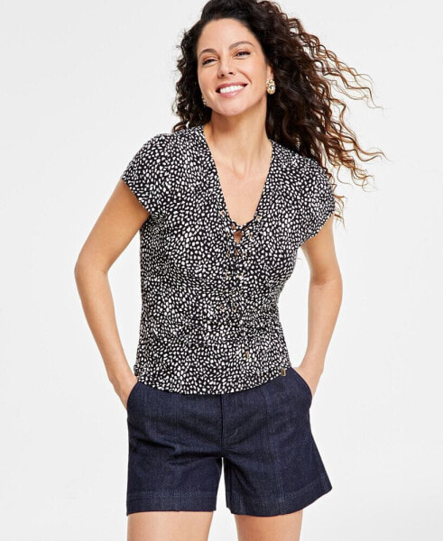 Women's Printed Lace-Up Front Top, Created for Macy's