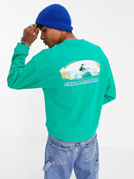 COLLUSION boxy sweatshirt with surf print in green