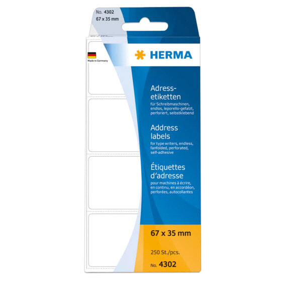 HERMA Address labels for typewriters continous fanfolded 67x37 mm white paper matt 250 pcs. - White - Paper - Matte - Germany - 6.7 cm - 3.5 cm