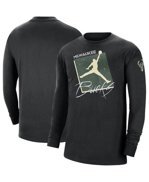 Men's Black Milwaukee Bucks Courtside Max 90 Vintage-Like Wash Statement Edition Long Sleeve T-shirt