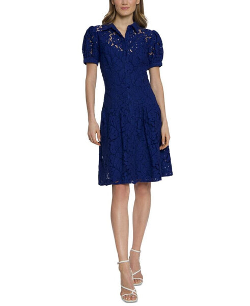 Women's Floral-Lace Puff-Sleeve Shirtdress