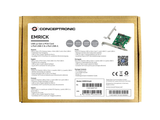 Conceptronic EMRICK USB 3.2 Gen 2 PCIe Card - 1-Port USB-C & 1-Port USB-A - PCIe - USB 3.2 Gen 2 (3.1 Gen 2) - PCI 3.0 - SATA 15-pin - Green - China