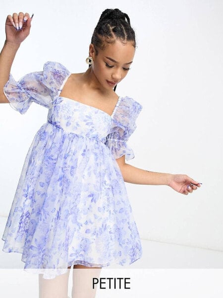 Forever New Petite puff sleeve organza mini dress in blue floral