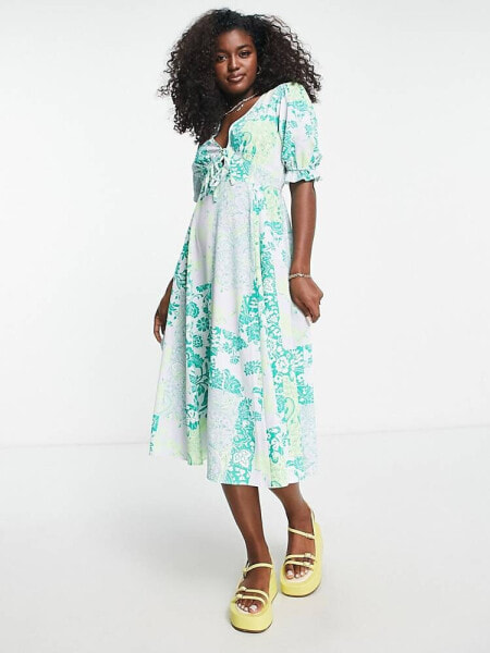 ASOS DESIGN tie front midi tea dress with godets in green mixed floral print
