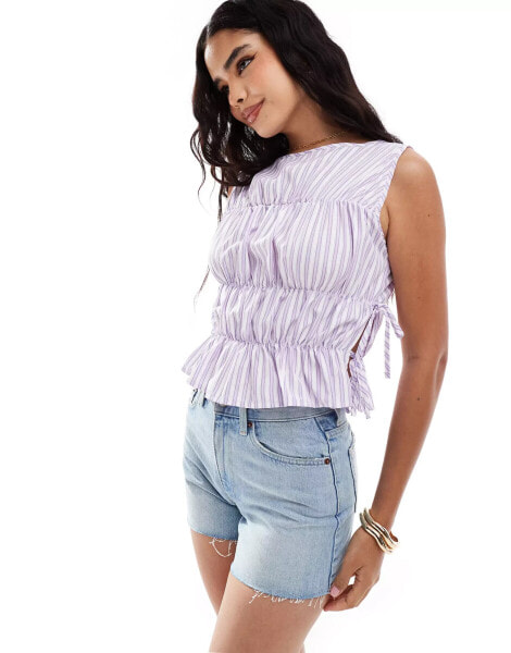 COLLUSION poplin shirred tank top with tie side in lilac stripe