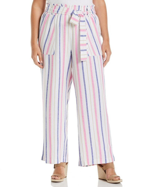 Plus Size Stripe Wide Leg Linen Blend Paper Bag Pants