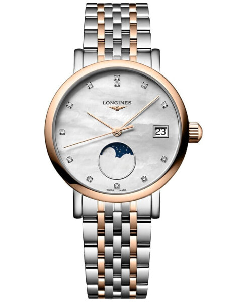 Women's Swiss Elegant Moonphase Diamond (1/20 ct. t.w.) Two-Tone Stainless Steel Bracelet Watch 30mm