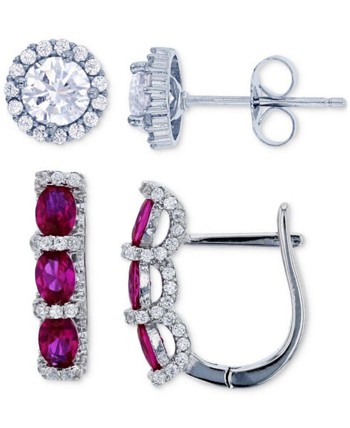 2-Pc. Set Lab-Grown Spinel (2 ct. t.w.) & Cubic Zirconia Halo Stud & Three Stone Leverback Earrings in Sterling Silver (Also in Green Cubic Zirconia & Lab-Grown Ruby)