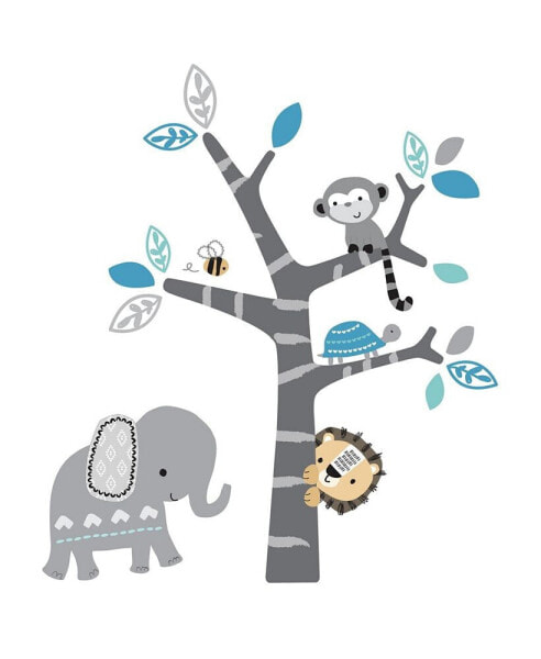 Jungle Fun Gray/Blue Safari Elephant, Lion, and Monkey Tree Wall Decals
