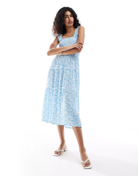 Vero Moda shirred cami midi dress in light blue floral