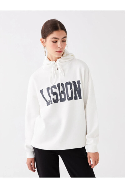 Baskılı Uzun Kollu Oversize Kadın Hoodie