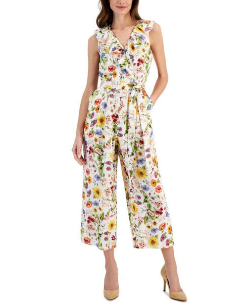 Women's Floral-Printed Linen-Blend Faux-Wrap Jumpsuit