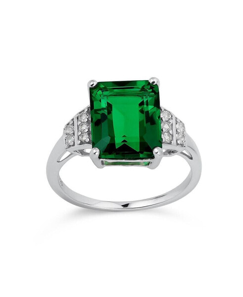 Elegant Art Deco Style 3CT Created Nano Synthetic Emerald Green White Sapphire Side Stone Statement Ring Sterling Silver