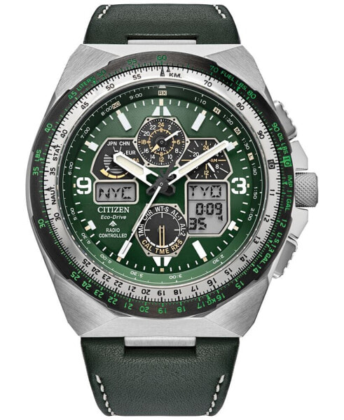 Eco-Drive Men's Chronograph Promaster Skyhawk Green Leather Strap Watch 46mm