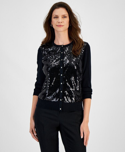 Women's Sequined Button-Down Party Cardigan Sweater, Created for Macy's