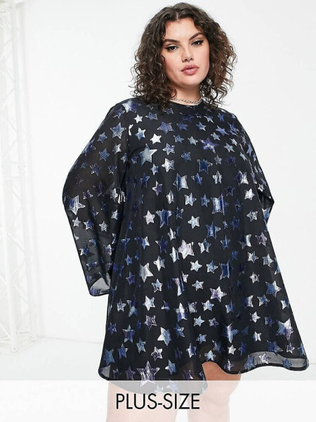 Twisted Wunder Plus retro bell sleeve mini swing dress in blue star print