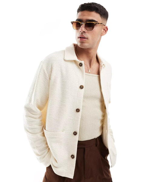 Jack & Jones knit textured utility overshirt in cream