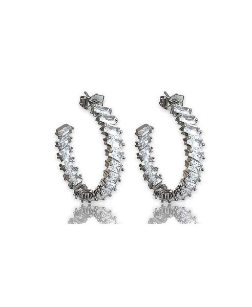 Crystal Hoop Earrings with Emerald Cut White Diamond Cubic Zirconia