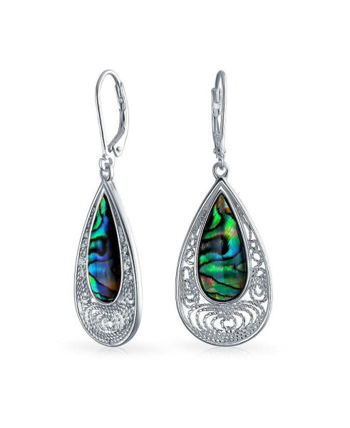 Rainbow Filigree Pear Shaped Teardrop Lever back Abalone Shell Earrings For Women .925 Sterling Silver