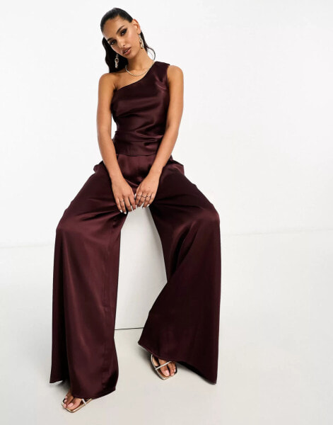 ASOS DESIGN one shoulder satin top co-ord in chocolate