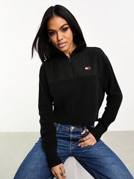 Tommy Jeans half zip badge rib sweater in black