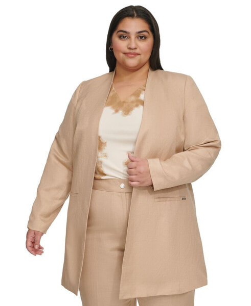 Plus Size Linen-Blend Collarless Open-Front Jacket