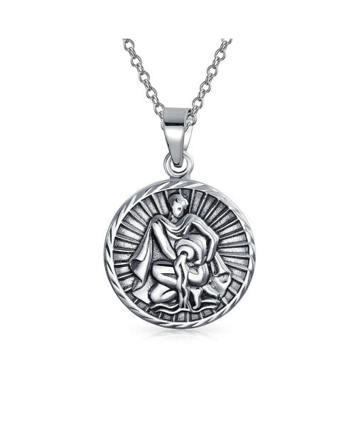 Aquarius Zodiac Sign Astrology Horoscope Round Medallion Pendant For Women Necklace Sterling Silver