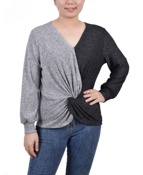 Petite Long Sleeve Twist Front Colorblocked Top