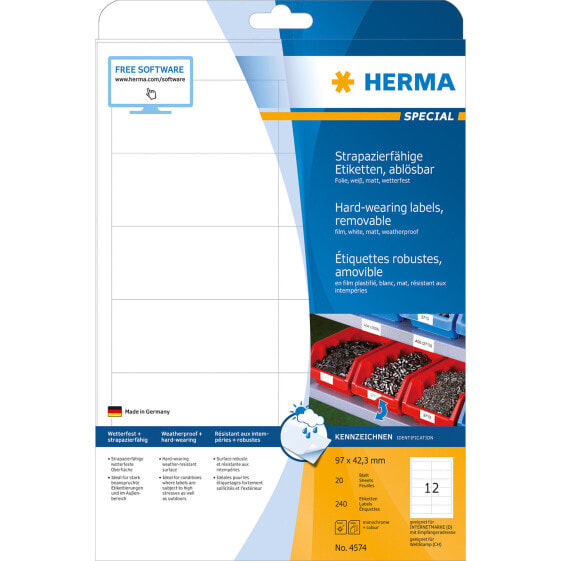 HERMA 4574 - White - Removable - A4 - -30 - 80 °C - 97 mm - 42.3 mm