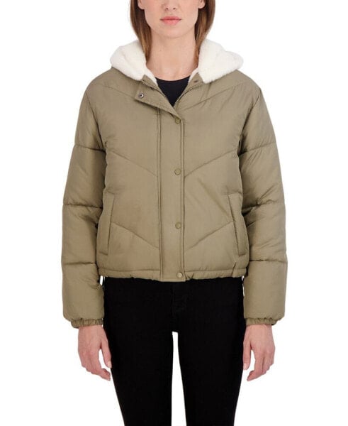 Women's Junior's Faux Fur Lined Puffer Jacket with Hood