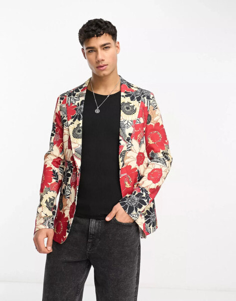 Devils Advocate skinny fit suit jacket in red floral print