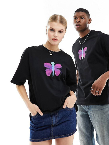 Weekday Unisex oversized t-shirt with butterfly cartoon print in black exclusive to ASOS