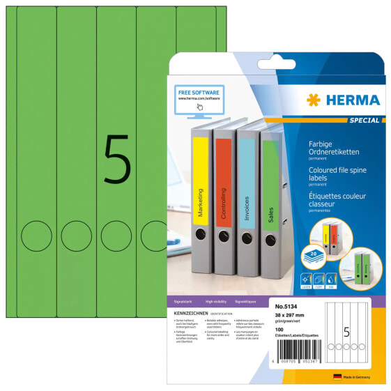 HERMA File labels A4 38x297 mm green paper matt opaque 100 pcs. - Green - Self-adhesive printer label - A4 - Paper - Laser/Inkjet - Permanent