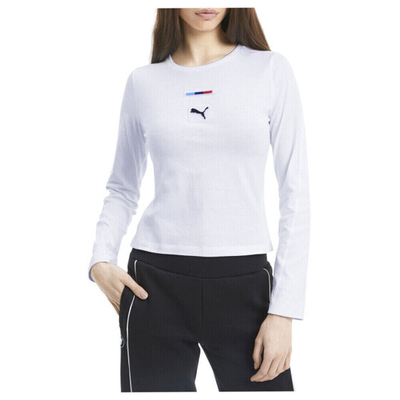 Puma Bmw Mms Street Logo Crew Neck Long Sleeve T-Shirt Womens White Casual Tops