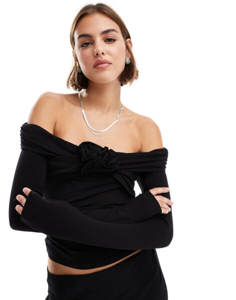 & Other Stories off shoulder long sleeve top with front corsage in black