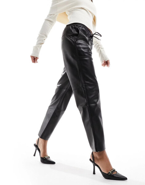 Mango drawstring slim leather look trousers in black